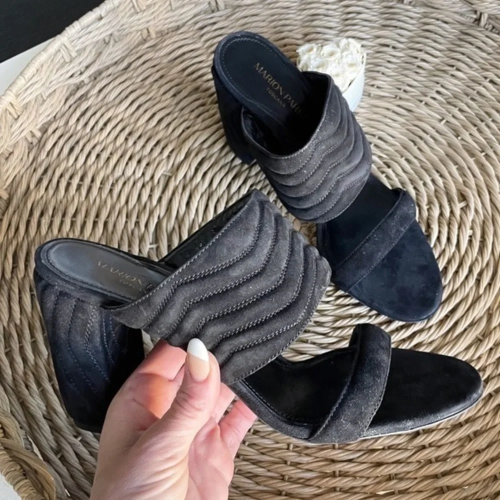 New Marion Parke BLACK Quilted Suede Leather Slide Sandals - Picture 6 of 15